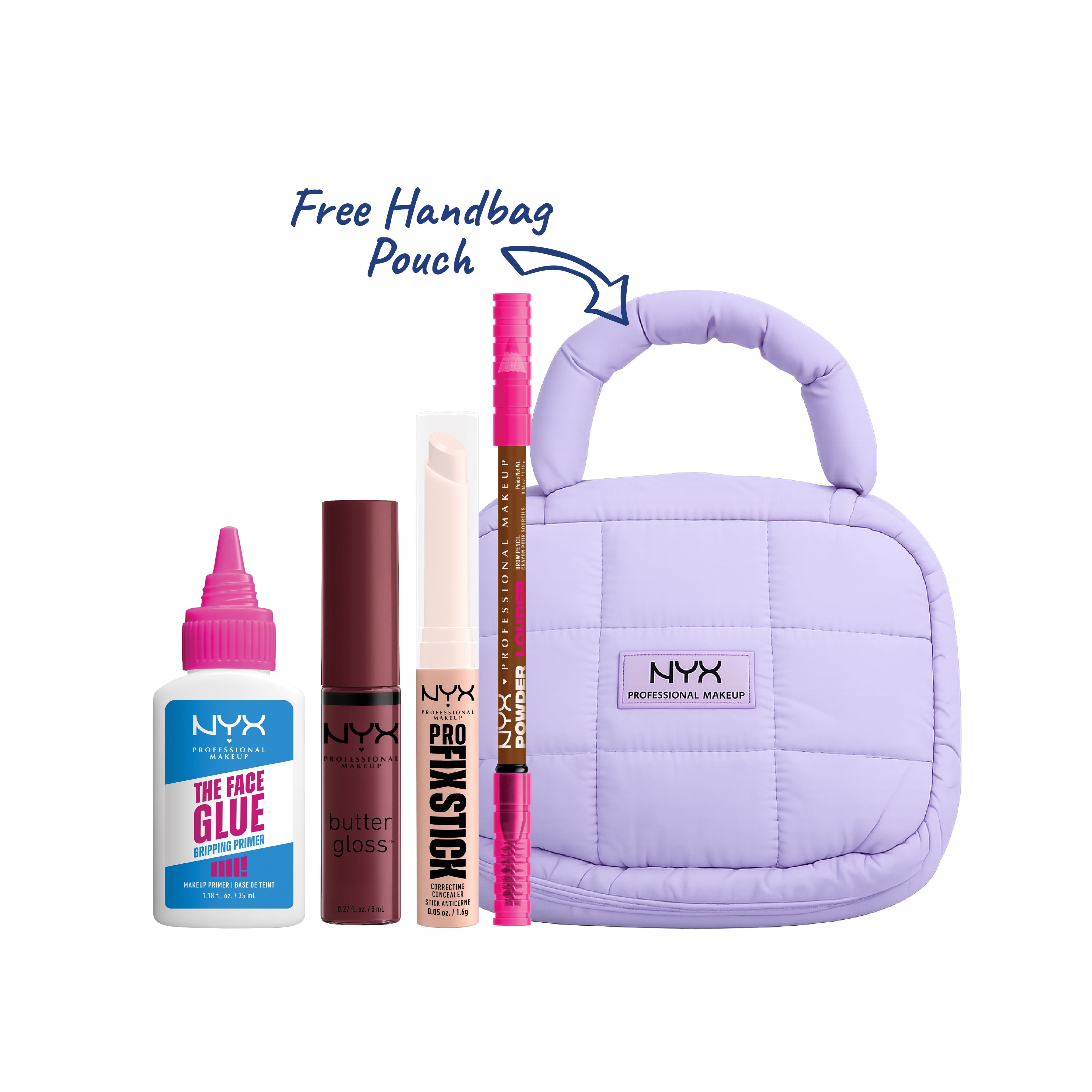 Powder Louder, Brow Pencil + Pro Fix Stick Correcting Concealer + Butter Gloss, Non-Sticky Lip Gloss + The Face Glue Primer +Gift